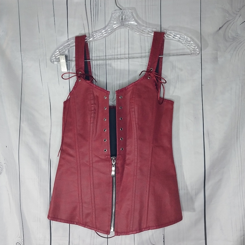 Charmian Renisssnce Red Faux Leather With Boning Corset Top with Zipper And Lace